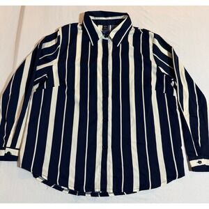 Emery Rose Womens 1XL Navy Blue White Striped Button Down Long Sleeve Blouse
